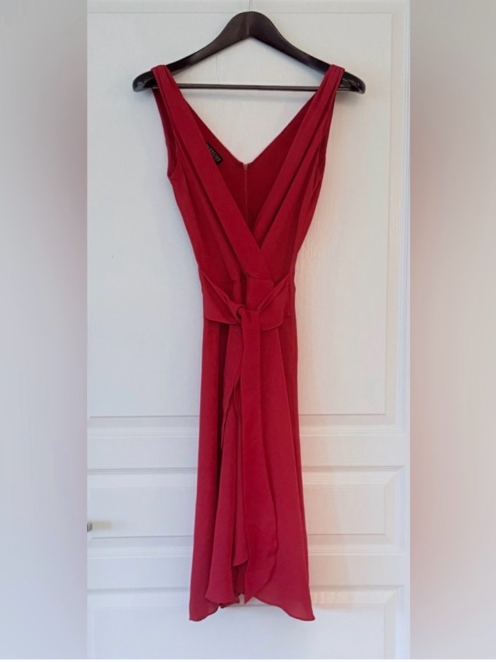 Georgiou Sleeveless Red Silk V-Neck Midi Wrap Dress with Waist Tie